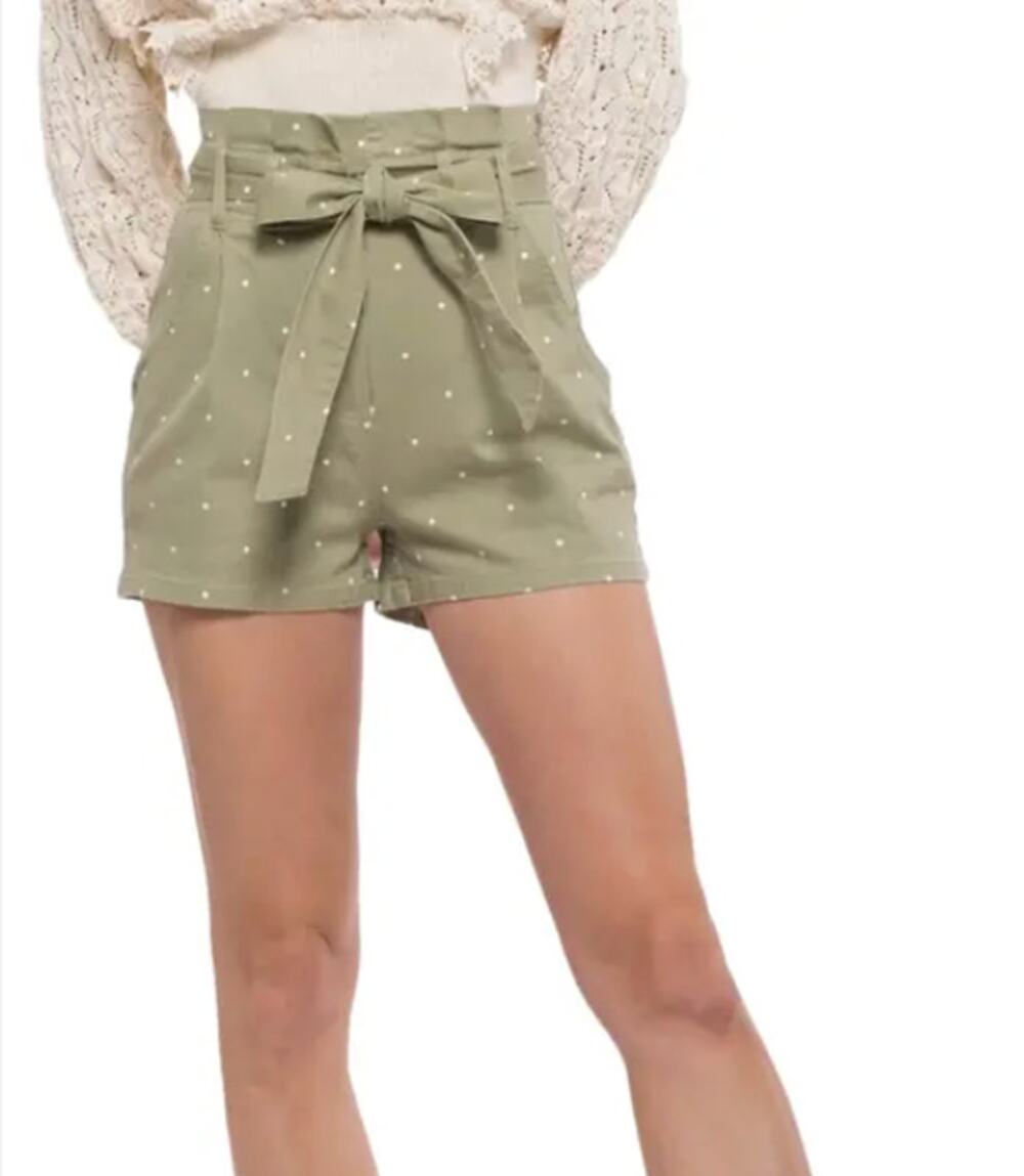 Mine Los Angeles High-Waisted Sage Green Polka Dot Paperbag Shorts NWOT